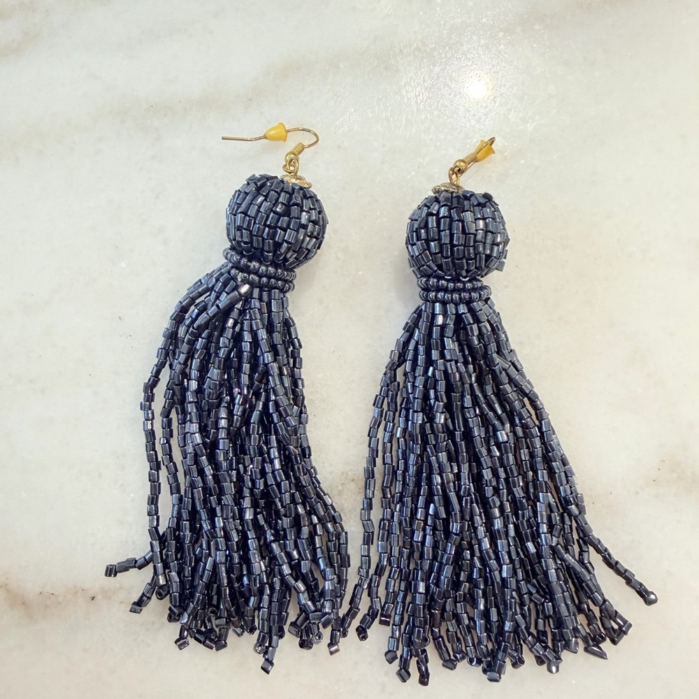 Beaded Tassel Drop Earrings - Navy Blue